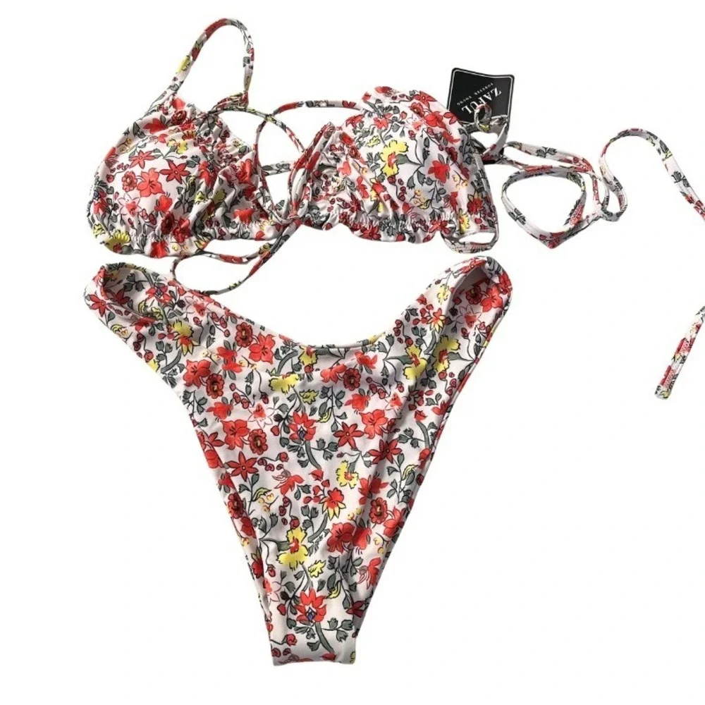Zaful Women Floral Print Two Piece Bikini Set White Red Yellow Size M NEW